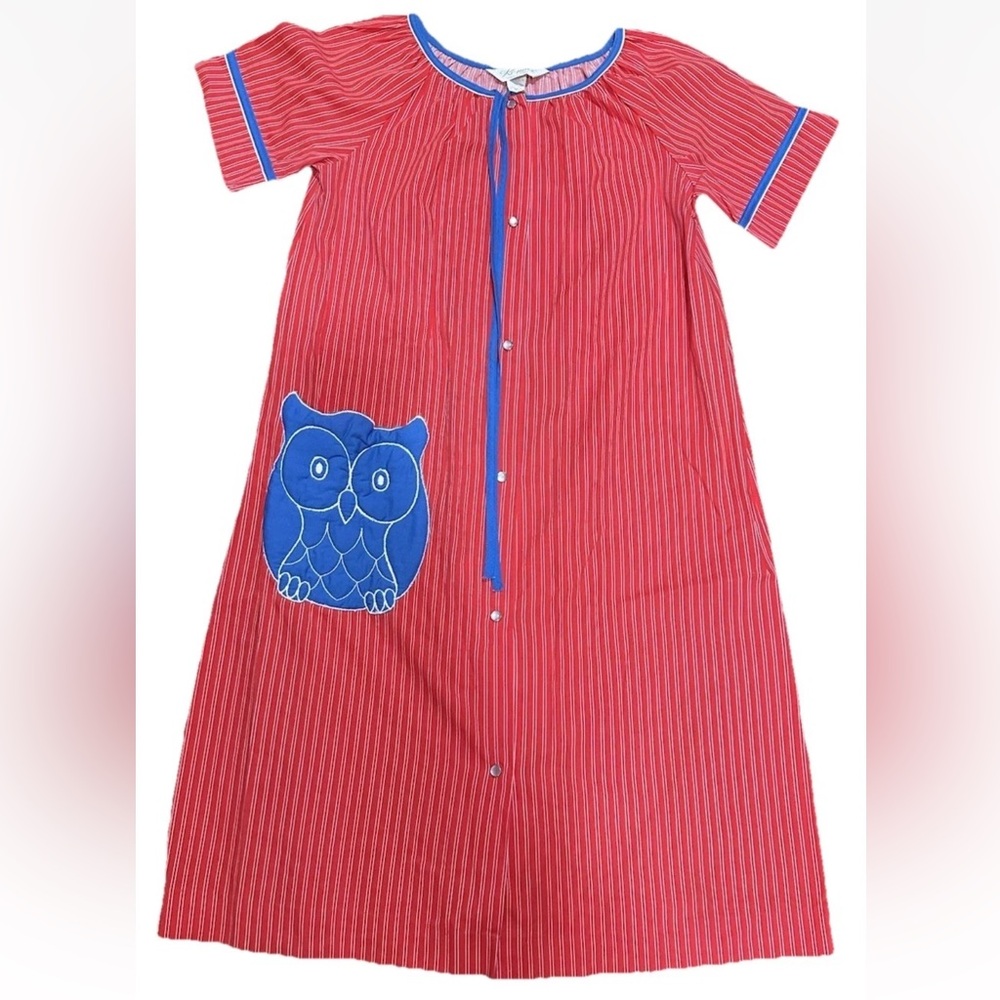 Vintage 70’s Mid Century MOD Owl Komar House Dress Muumuu Pearl Red Stripe Sz S
